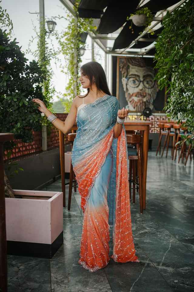 Blue Sequin Satin Saree