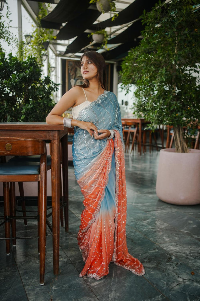 Blue Sequin Satin Saree