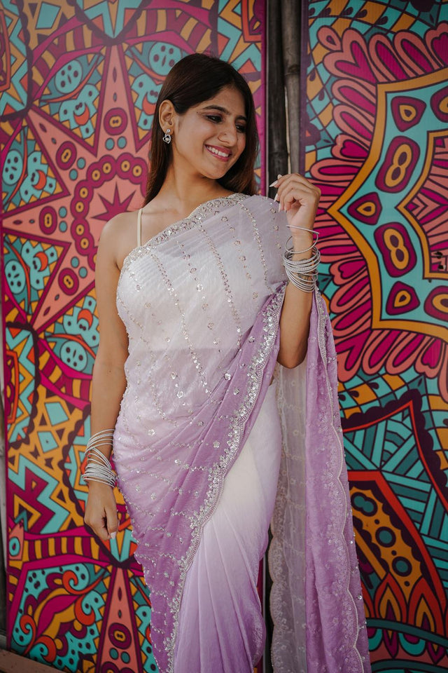 Purple Sequin Satin Saree