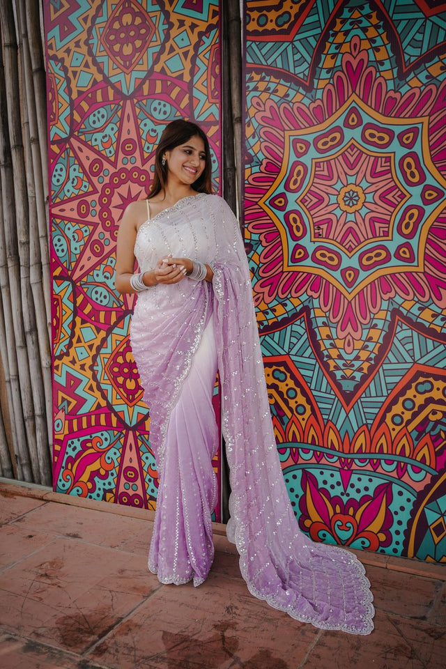 Purple Sequin Satin Saree