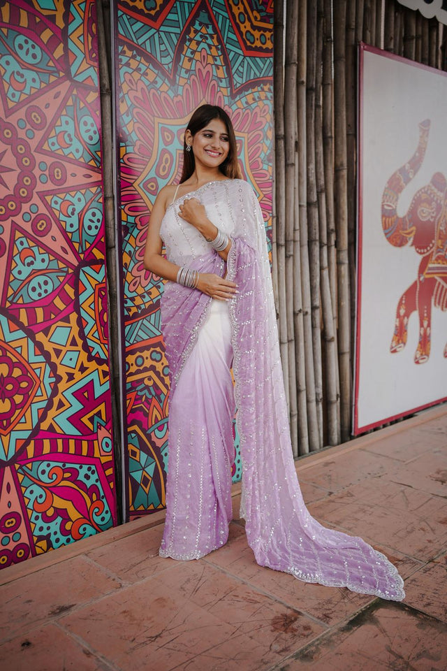 Purple Sequin Satin Saree