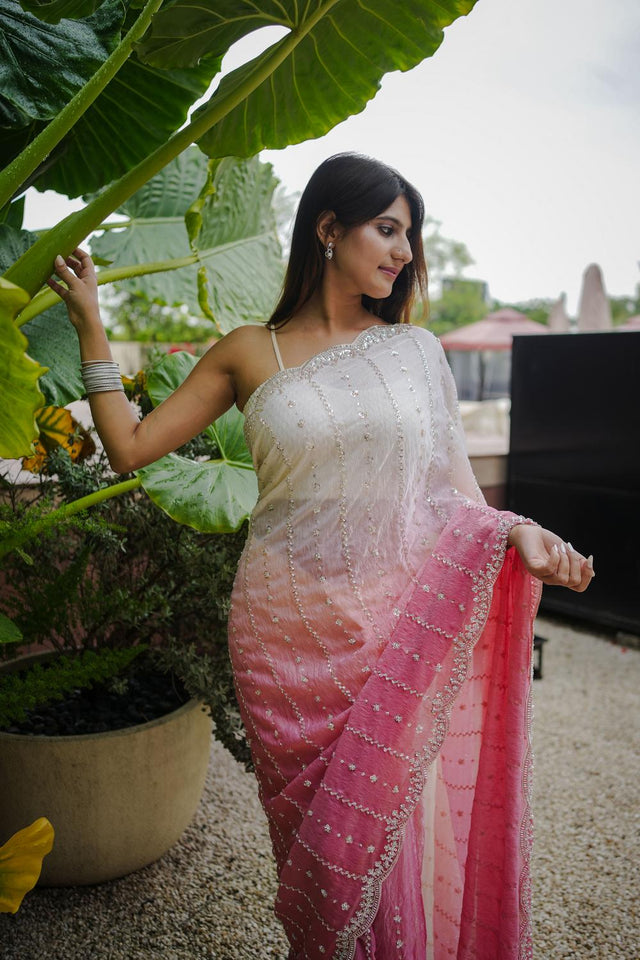 Pink Sequin Satin Saree