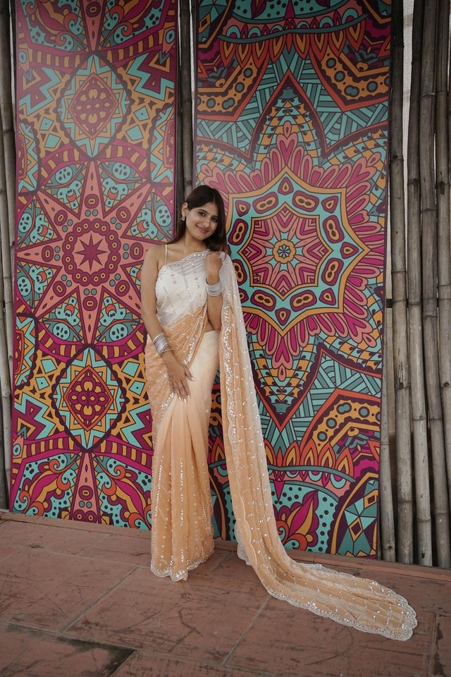 Peach Sequin Satin Saree