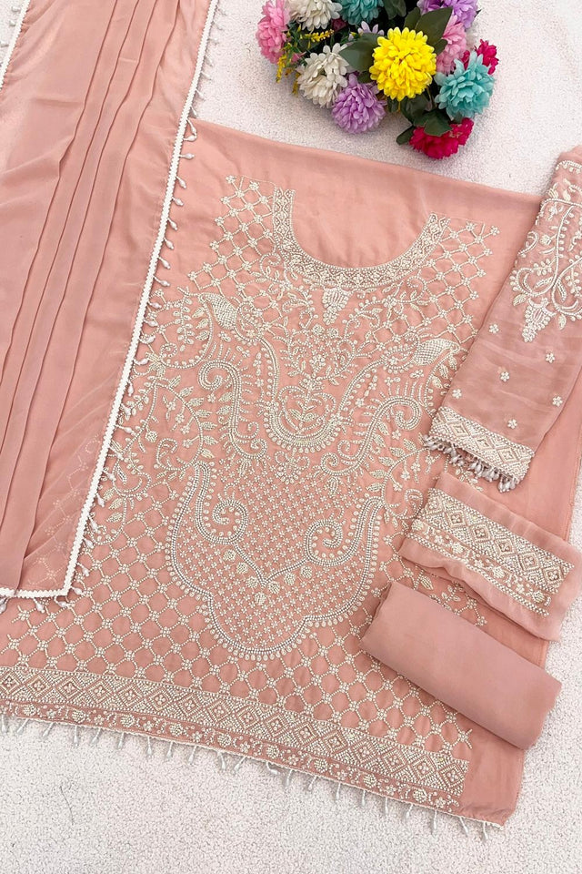 Peach Floral Embroidered Kurti Pant Set