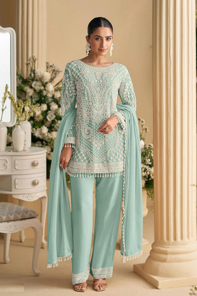 Sea Green Floral Embroidered Kurti Pant Set