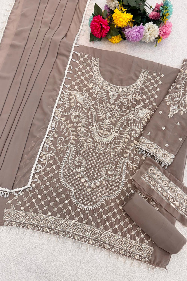 Grey Floral Embroidered Kurti Pant Set