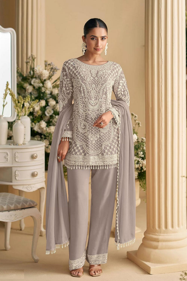 Grey Floral Embroidered Kurti Pant Set