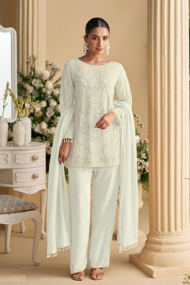 White Floral Embroidered Kurti Pant Set