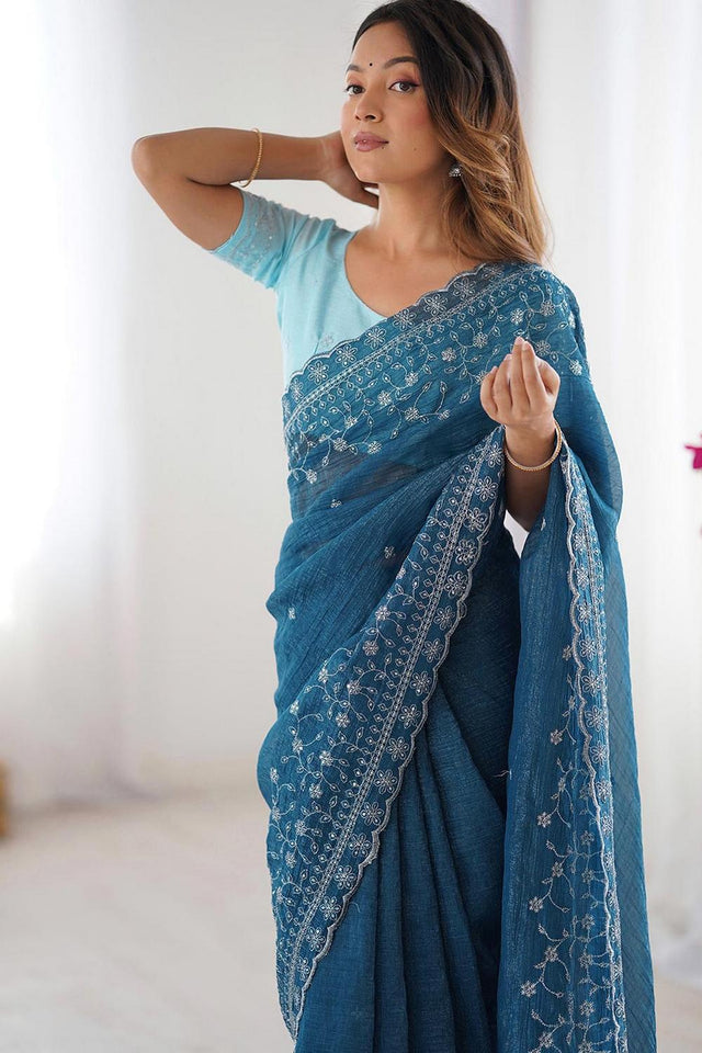 Blue Embroidered Silk Saree