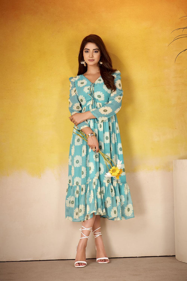 Blue Floral Printed Dresses