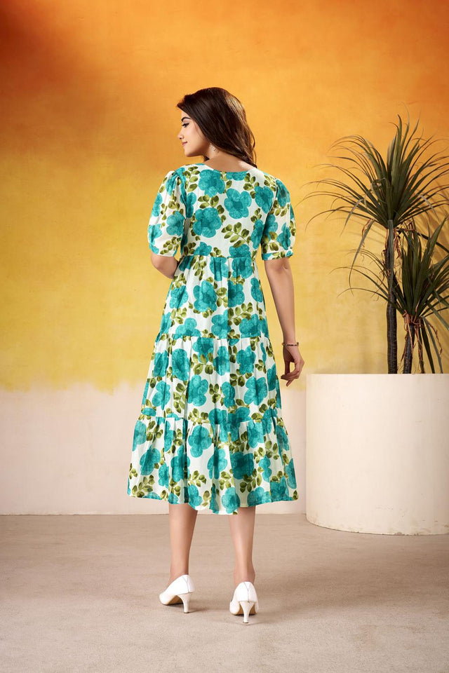 Turquoise Floral Printed Dresses