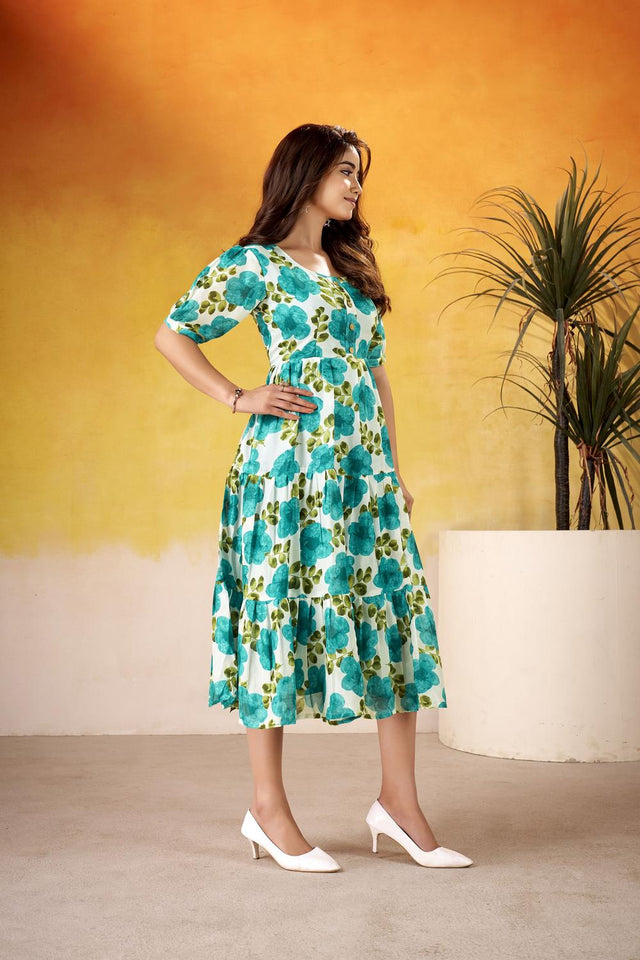 Turquoise Floral Printed Dresses
