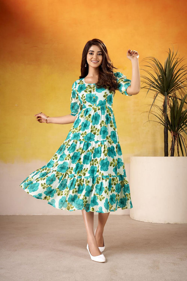 Turquoise Floral Printed Dresses