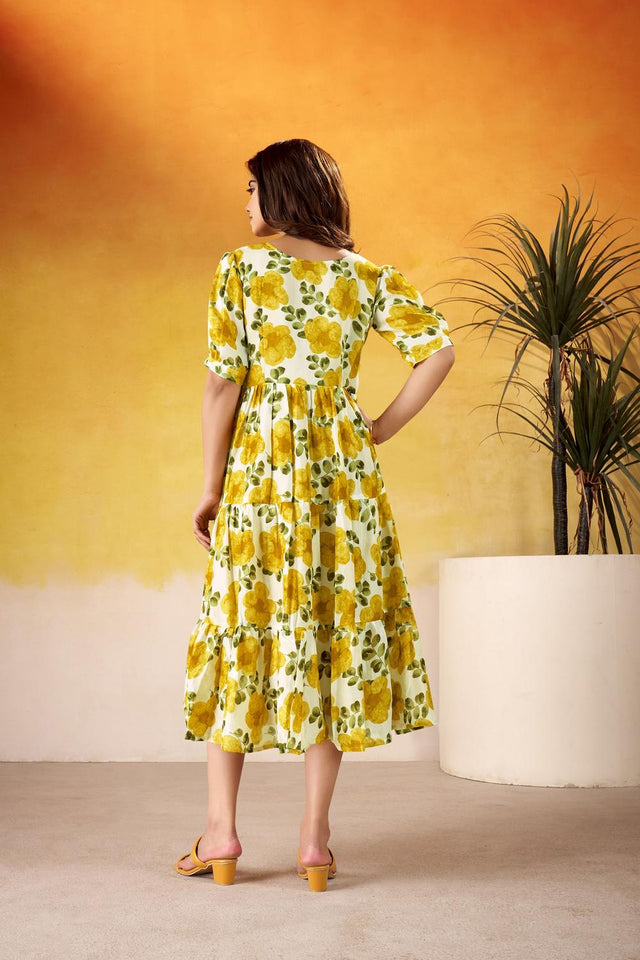 Mustard Floral Printed Dresses