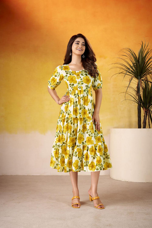 Mustard Floral Printed Dresses