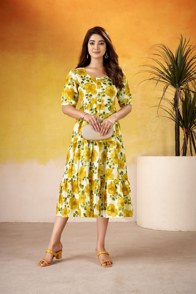 Mustard Floral Printed Dresses