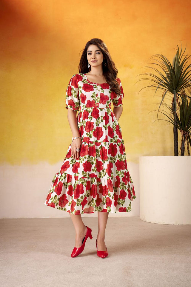 Red Floral Printed Dresses