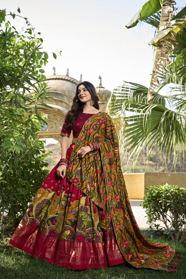 Red Micro Cotton Silk Lehenga