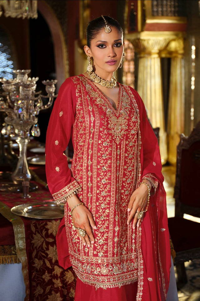 Maroon Sequin with Embroidered Chinon Palazzo Suits