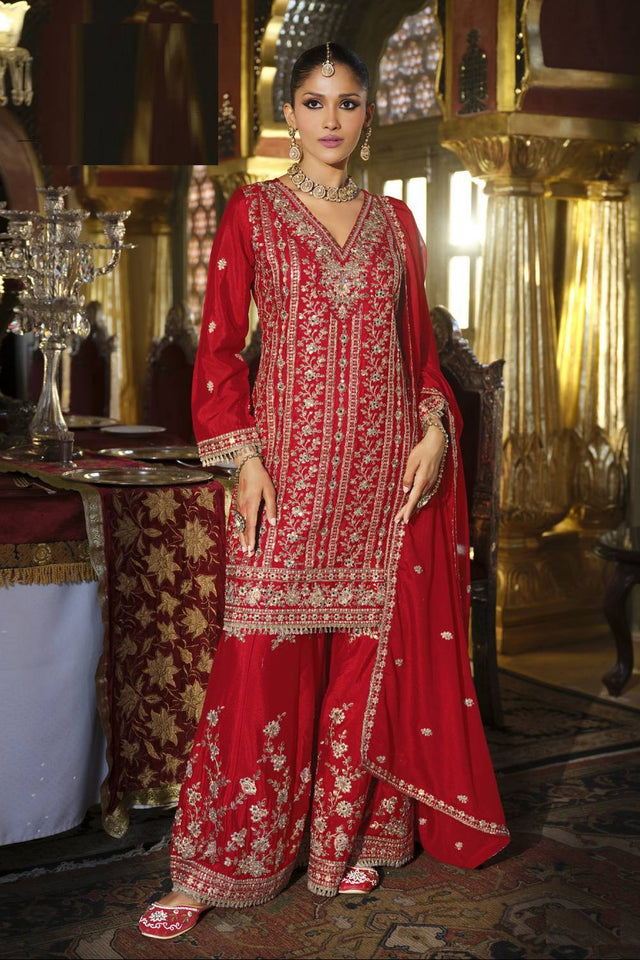 Maroon Sequin with Embroidered Chinon Palazzo Suits