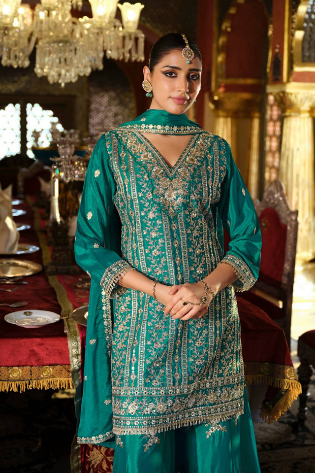 Turquoise Sequin with Embroidered Chinon Palazzo Suits