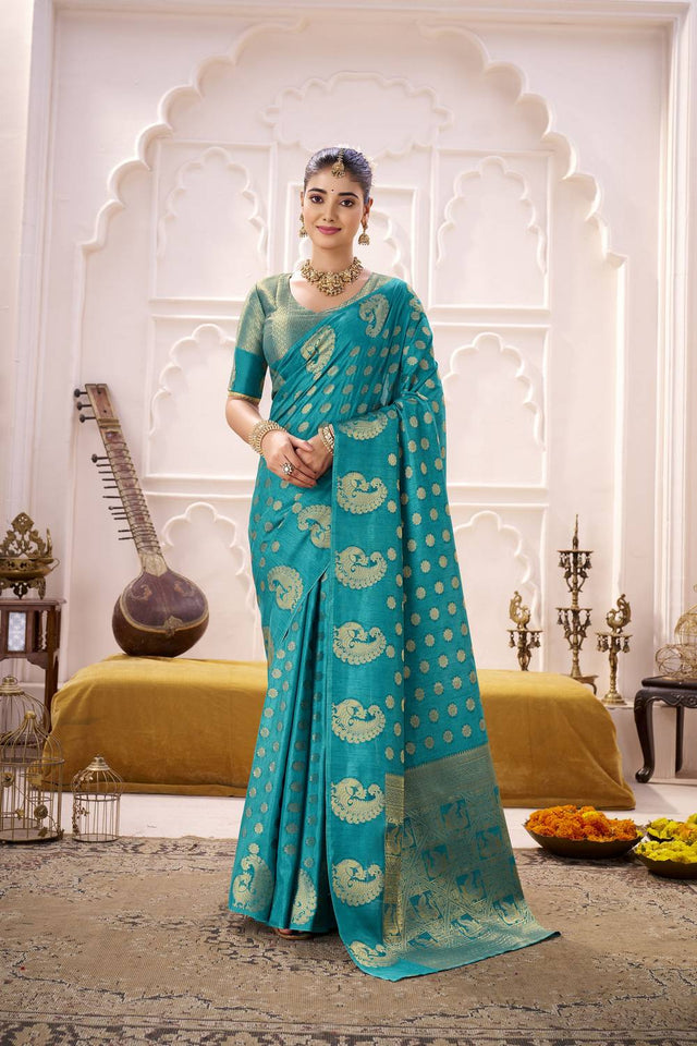 Turquoise Woven Saree