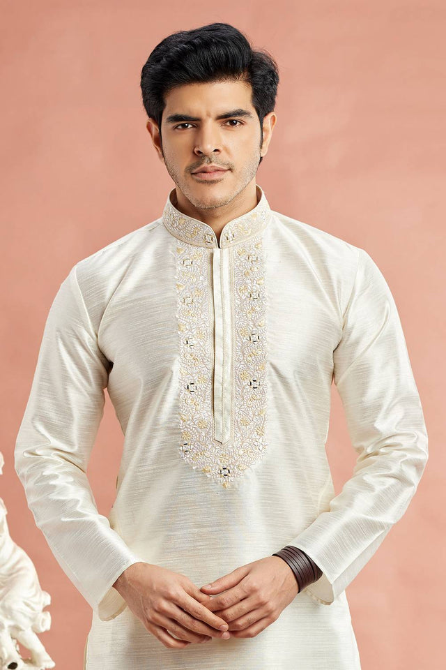 Men's Cream Embroidered Raw Silk Kurta Pyjama Set