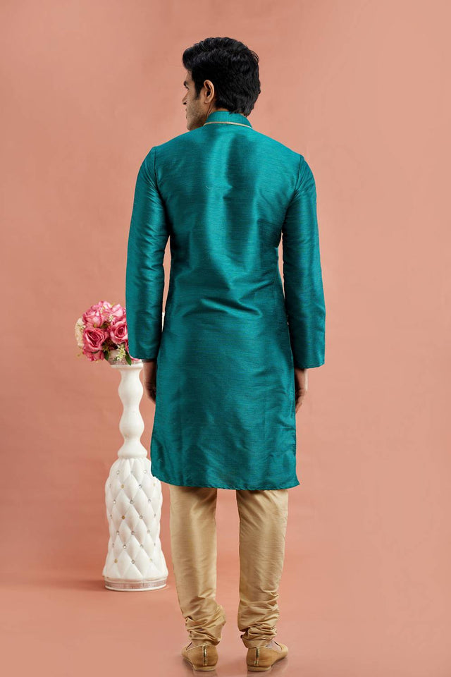 Men's Turquoise Embroidered Raw Silk Kurta Pyjama Set