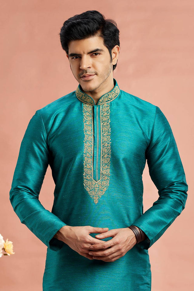 Men's Turquoise Embroidered Raw Silk Kurta Pyjama Set