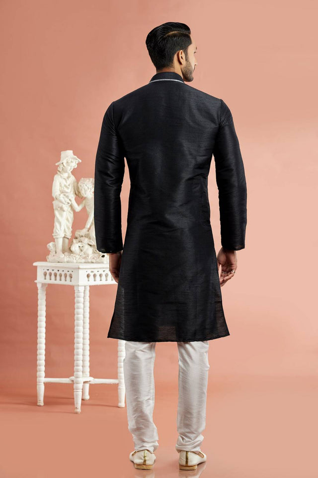 Men's Black Embroidered Raw Silk Kurta Pyjama Set