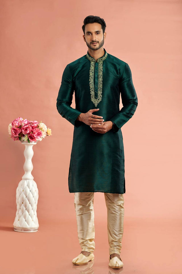 Men's Green Embroidered Raw Silk Kurta Pyjama Set