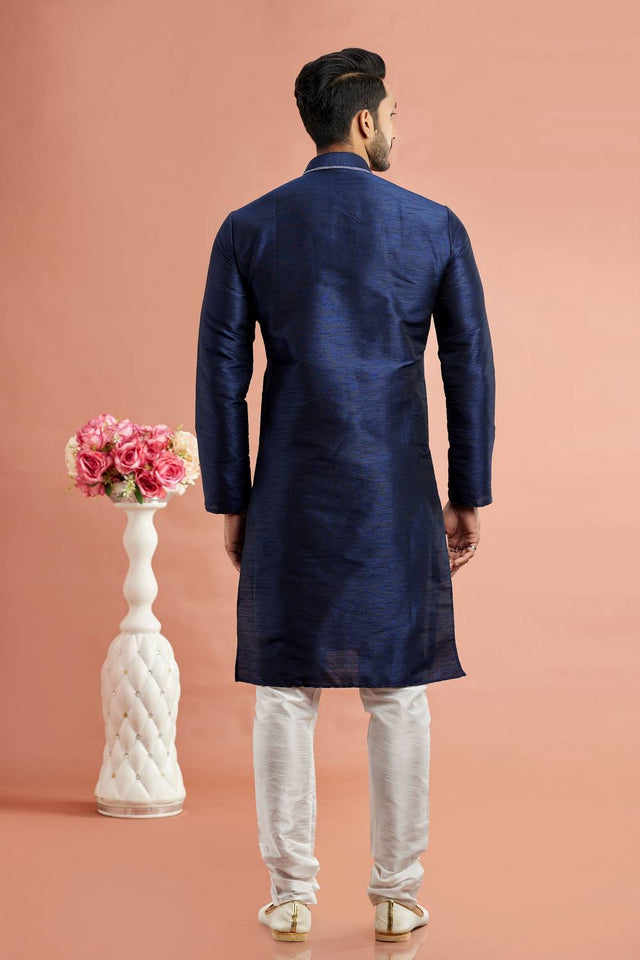 Men's Blue Embroidered Raw Silk Kurta Pyjama Set