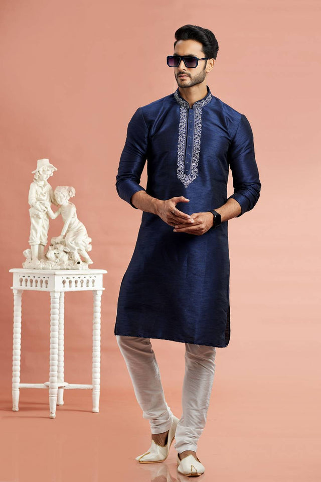 Men's Blue Embroidered Raw Silk Kurta Pyjama Set