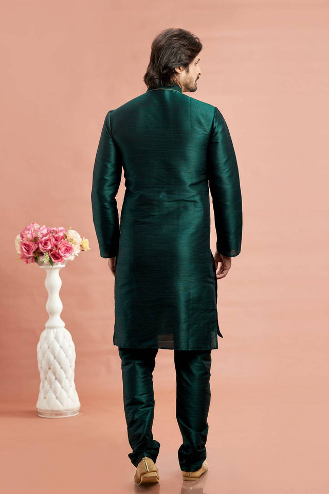 Men's Green Embroidered Raw Silk Kurta Pyjama Set
