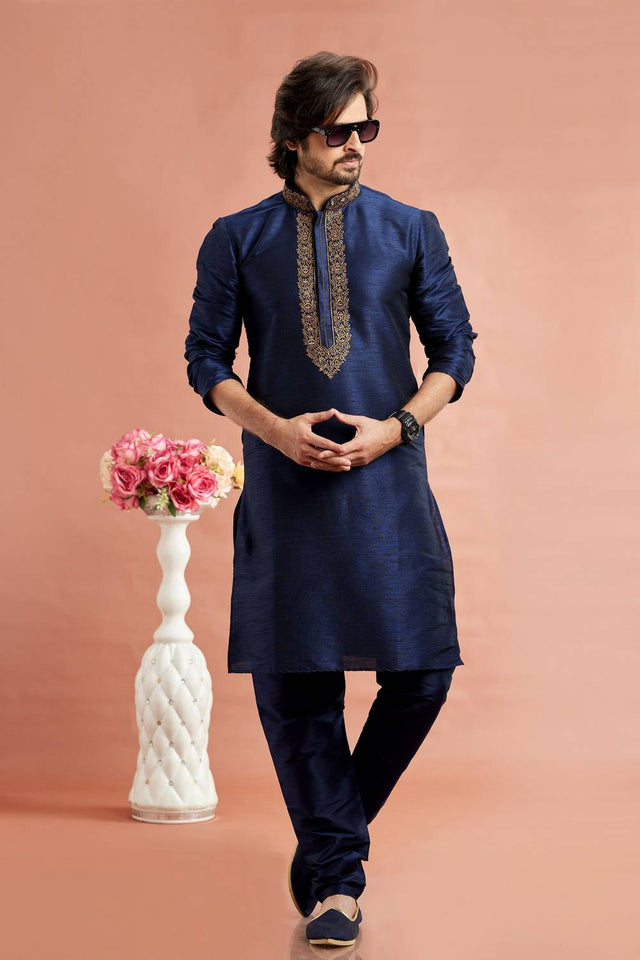 Men's Blue Embroidered Raw Silk Kurta Pyjama Set