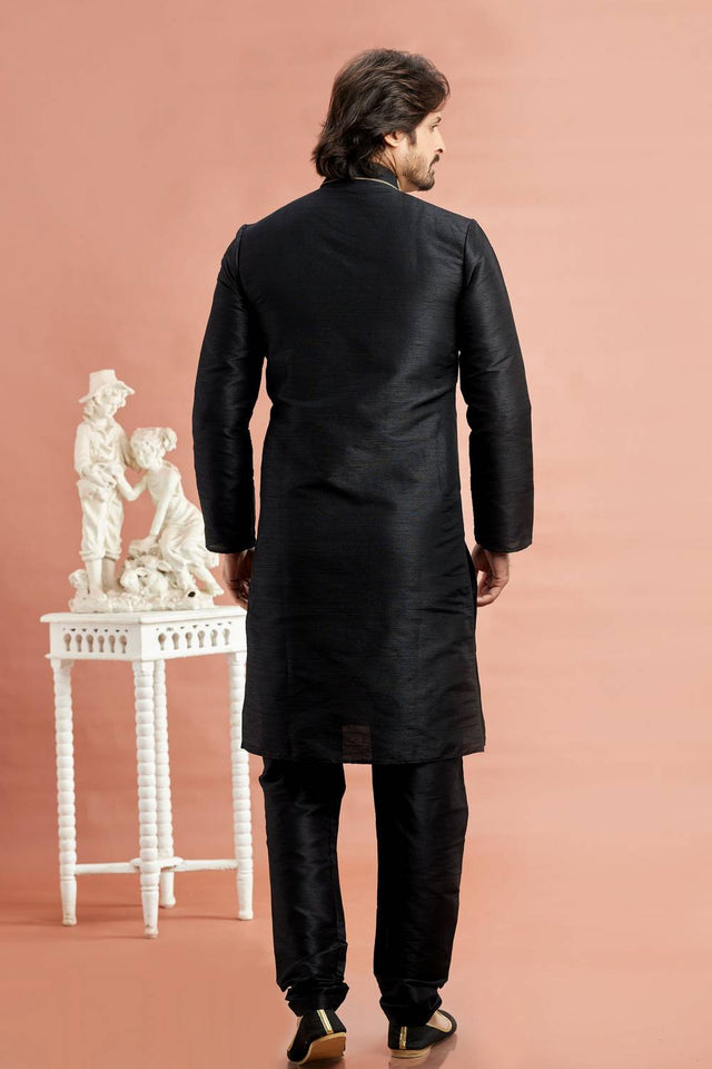 Men's Black Embroidered Raw Silk Kurta Pyjama Set