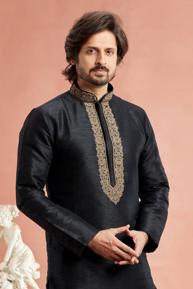 Men's Black Embroidered Raw Silk Kurta Pyjama Set