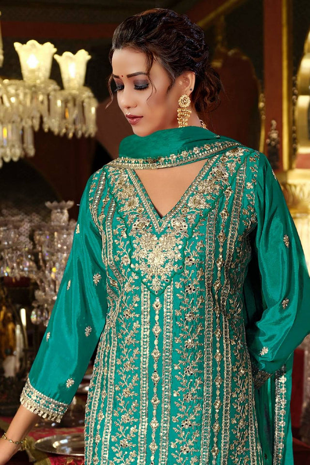 Sea Green Sequin with Embroidered Chinon Palazzo Suits