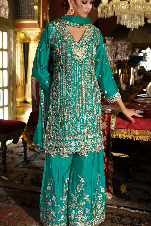 Sea Green Sequin with Embroidered Chinon Palazzo Suits