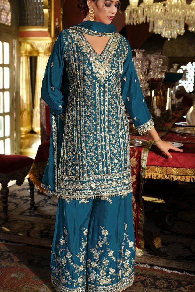 Blue Sequin with Embroidered Chinon Palazzo Suits