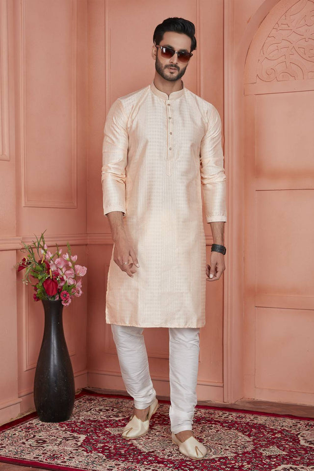 Peach Embroidered Jacquard Kurta Pyjama Set