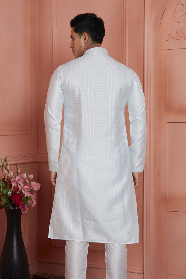 Off White Embroidered Jacquard Kurta Pyjama Set