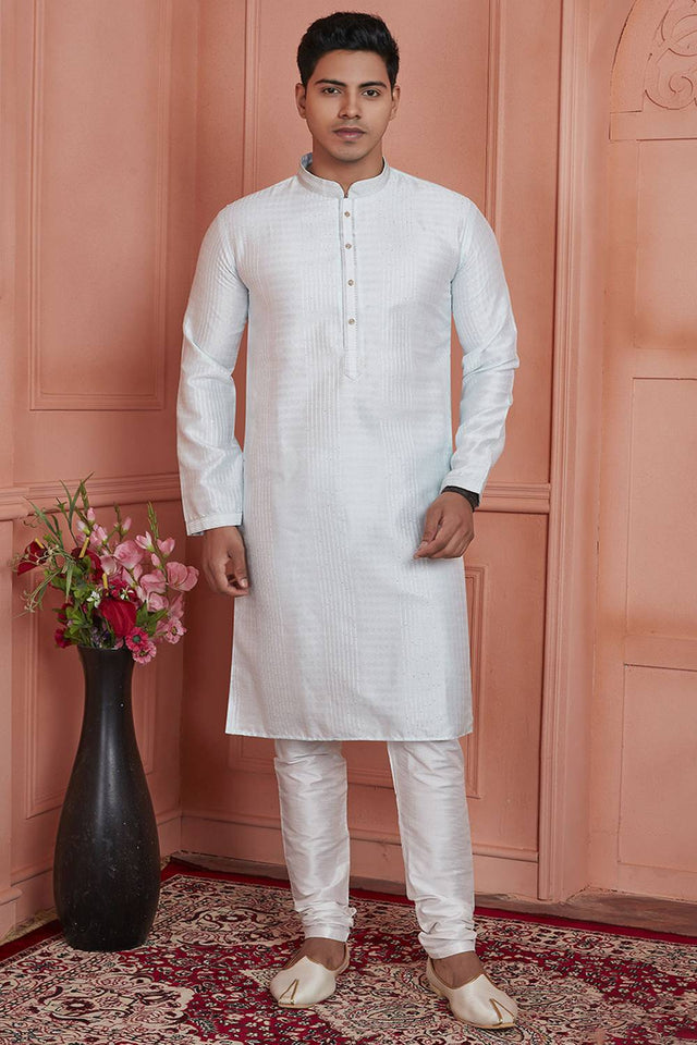 Off White Embroidered Jacquard Kurta Pyjama Set