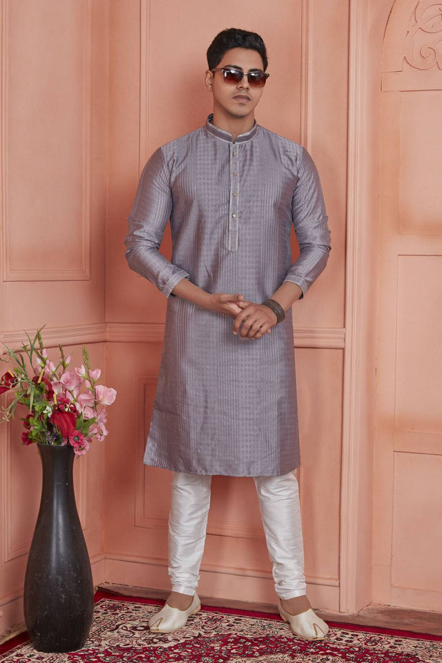 Mauve Embroidered Jacquard Kurta Pyjama Set