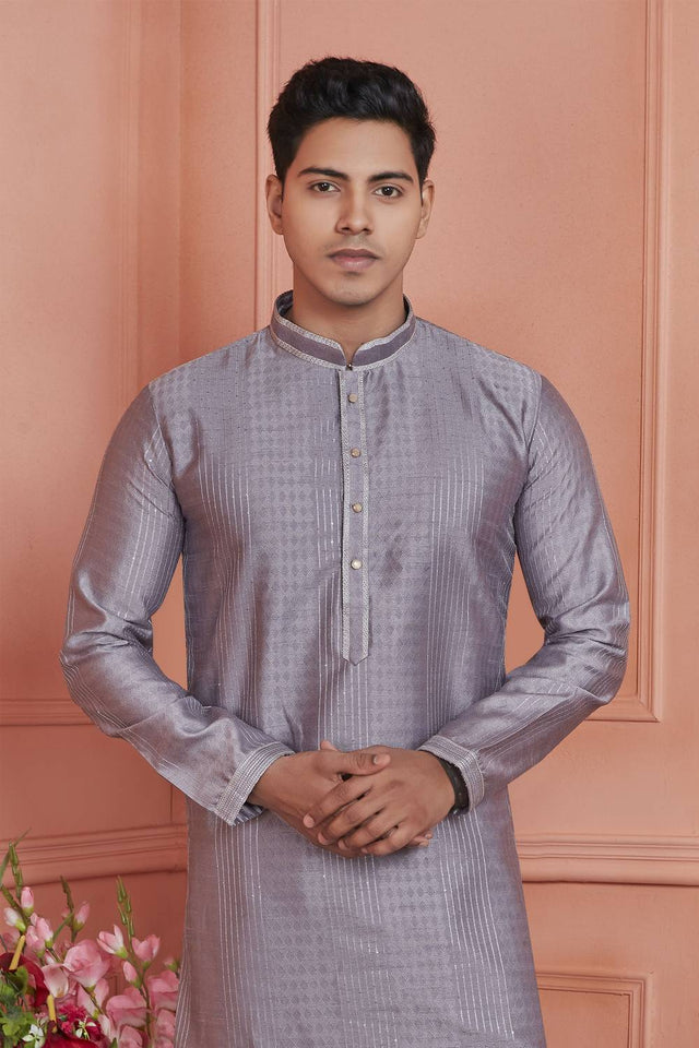 Mauve Embroidered Jacquard Kurta Pyjama Set