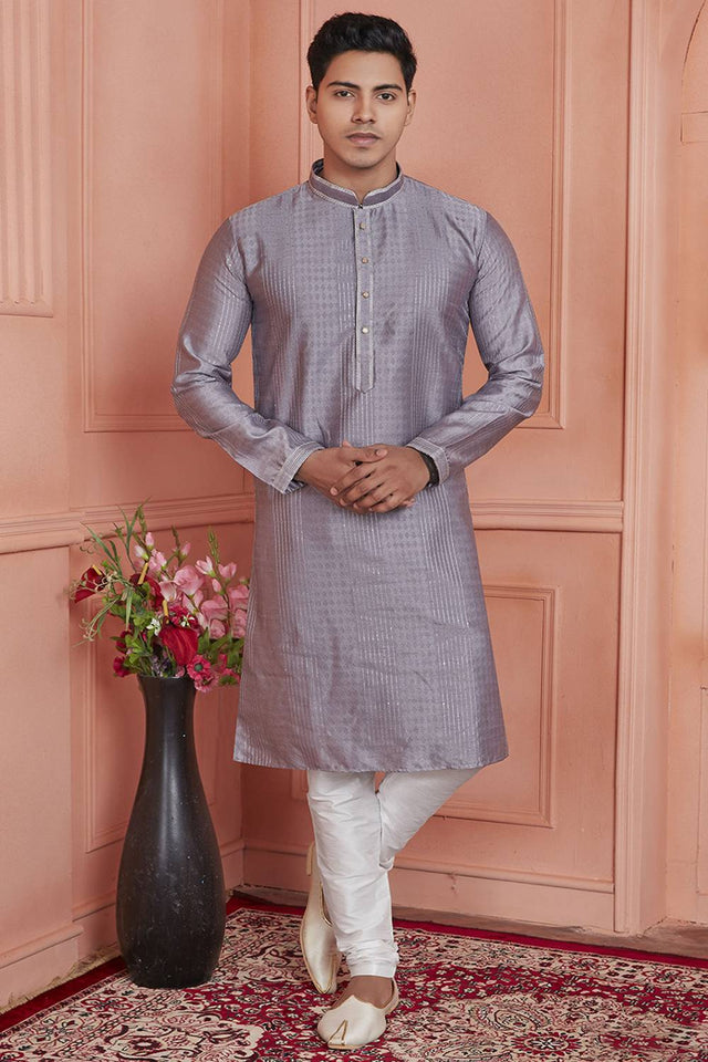 Mauve Embroidered Jacquard Kurta Pyjama Set