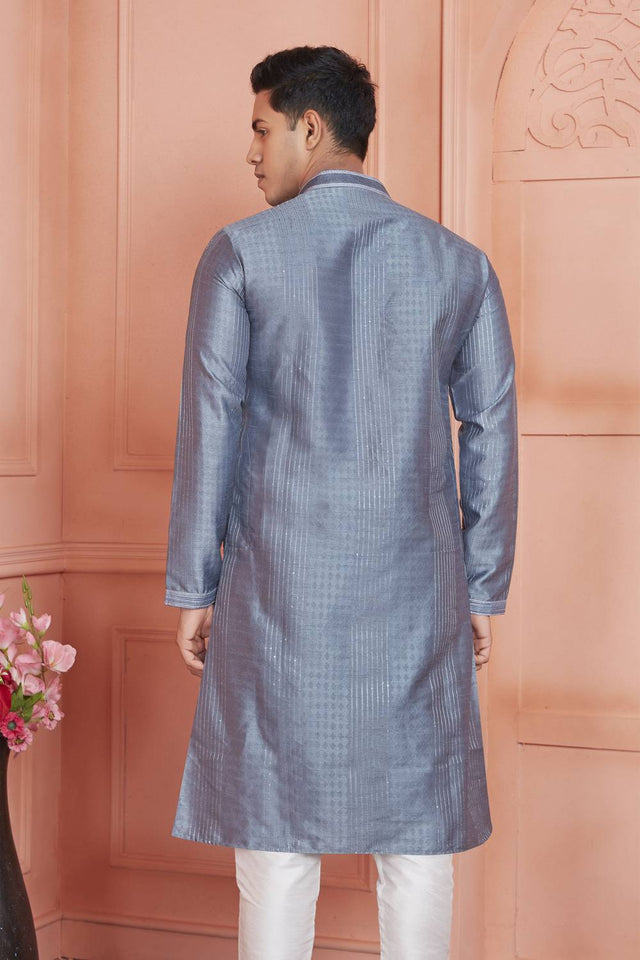 Grey Embroidered Jacquard Kurta Pyjama Set