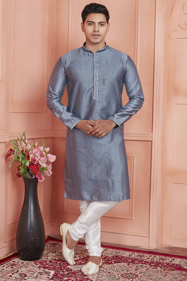 Grey Embroidered Jacquard Kurta Pyjama Set