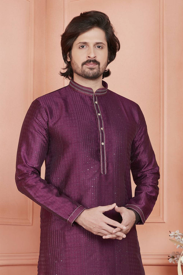 Magenta Embroidered Jacquard Kurta Pyjama Set
