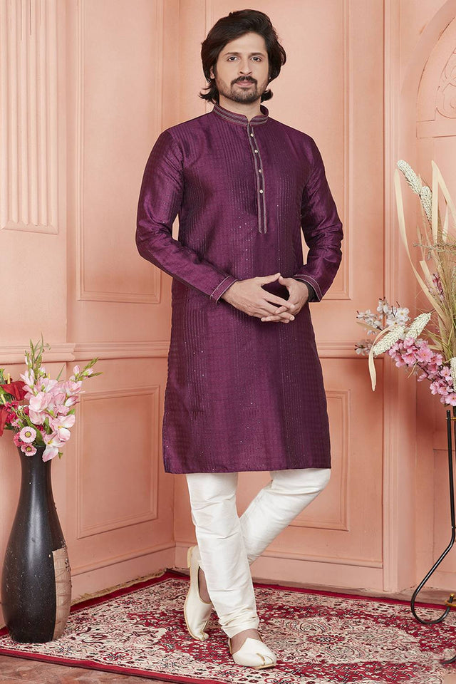 Magenta Embroidered Jacquard Kurta Pyjama Set